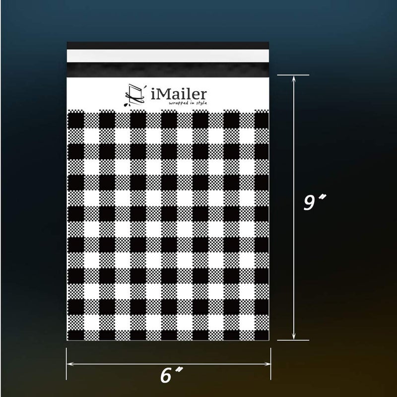 iMailer 200 عد - 6x9 بوصة، ظرف بولي ميلر بتصميم مربعات باللون الأسود، أكياس شحن مع شريط إغلاق ذاتي - Image 2